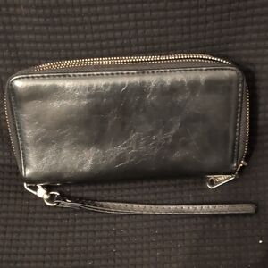 Black Leather Zip-Around Wristlet Wallet